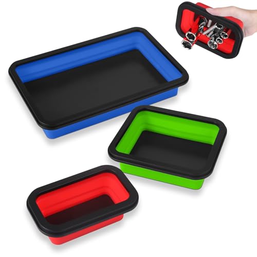 Collapsible Magnetic Parts Tray Set, 3 Different Size Parts Trays - color: Blue (L) + Green (M) + Red (S)