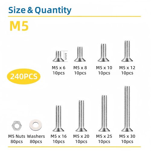 240 Pcs M5 Screws Assortment Kit, M5x6mm/8mm/10mm/12mm/16mm/20mm/25mm/30mm, Metric Hex Flat Head Countersunk Screws Nuts Washers Kit with Wrench, 304 Stainless Steel - size: M5 240Pcs