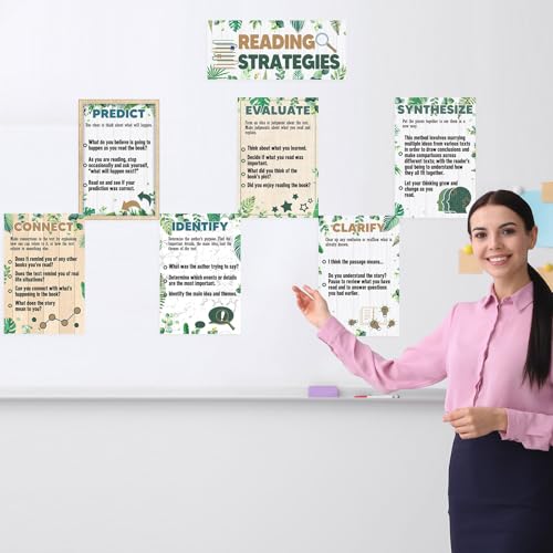 Outus 13 Pcs Reading Strategies Posters Classroom Decorations Reading Bulletin Board Posters Elementary Educational Wall Prints Library Decorations for Middle High Schools Teacher Supplies (Greenery) - style: Greenery