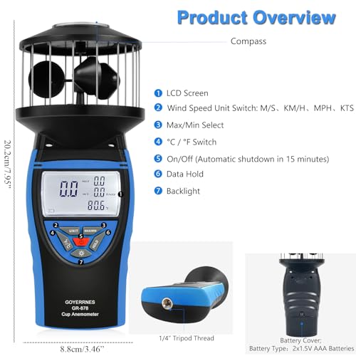 Handheld Cup Anemometer with Compass, 93MPH Digital Wind Speed Meter, CFM Air Flow Wind Velocity Measuring Device Gauges for Outdoor Sailing Surfing Drone Flying HVAC