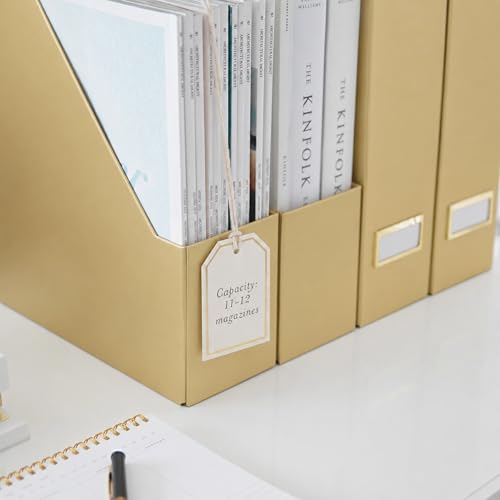 BLU MONACO | Gold Cardboard Magazine File Holder Set of 4 | Vertical Magazine File Holder for Shelves | Standing File Holder Desk Organizer - color: Gold