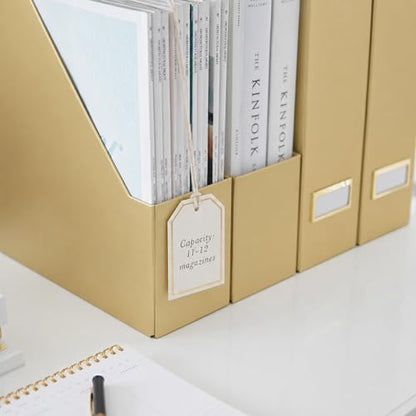 BLU MONACO | Gold Cardboard Magazine File Holder Set of 4 | Vertical Magazine File Holder for Shelves | Standing File Holder Desk Organizer - color: Gold