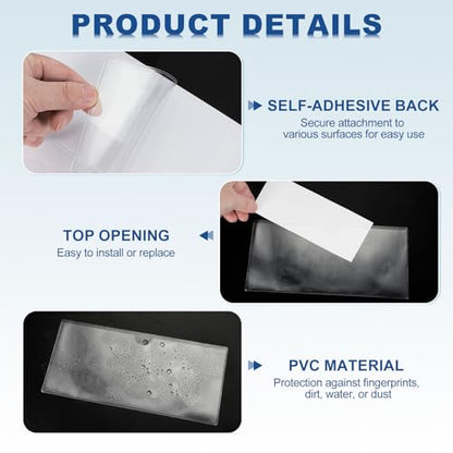 MECCANIXITY Self-Adhesive Card Pockets 3.5" x 2.1" Clear Horizontal Pocket Label Holders Plastic Card Sleeves with Top Open for Library Storage Bins, Pack of 25 - size: 3.5" x 2.1", style: Horizontal