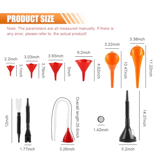 ZIMISI 10PCS Funnels for Automotive Use, Wide Mouth Funnel Set with Removable Filter and Hose, Plastic Flexible Oil Funnel Kit, Long Neck Fuel Funnels, Oil Change Tools for Coolant, Gasoline, Water