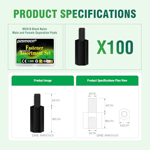100 Pcs M3x10+6mm Nylon Black Male-Female Hex Standoff Spacer Kit - size: M3*10 mm, style: Black Male-Female Hex Standoff