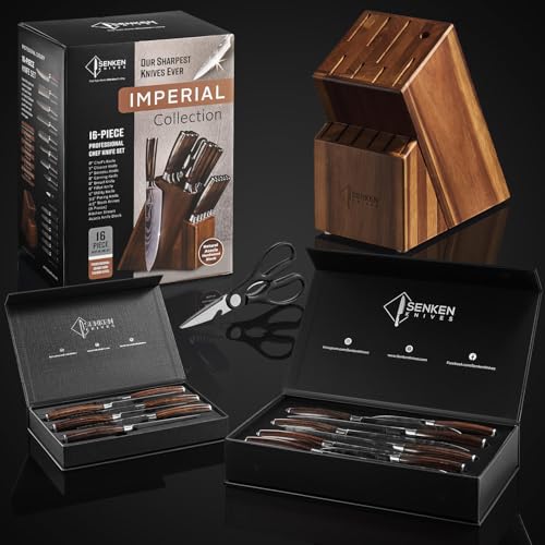 SENKEN 16-Piece Knife Block Set - Japanese High Carbon Stainless Steel with Damascus Pattern, Dark Wood Handles, 6 Steak Knives & Acacia Hardwood Block (Brown) - color: Brown