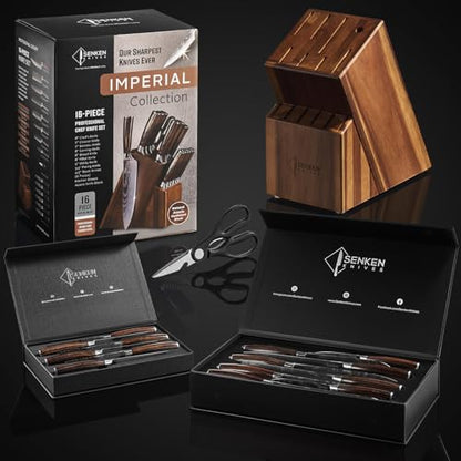 SENKEN 16-Piece Knife Block Set - Japanese High Carbon Stainless Steel with Damascus Pattern, Dark Wood Handles, 6 Steak Knives & Acacia Hardwood Block (Brown) - color: Brown