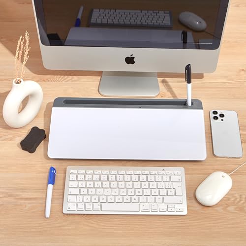 GAROOD Desktop Dry Erase Board with Storage (Grey Base) Desk Desk Board Glass Desktop White Board with Stand Home Office Organizer Phone Holder 15.8X7X2 inches - color: Grey Base + Whiteboard