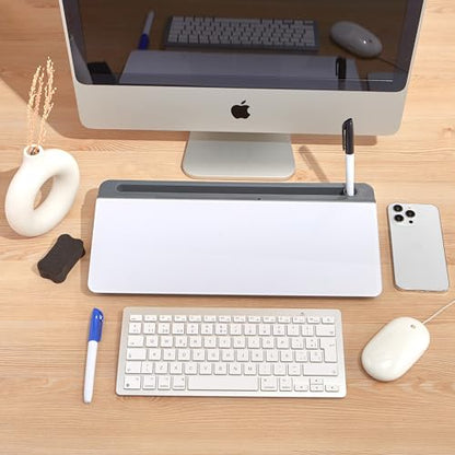 GAROOD Desktop Dry Erase Board with Storage (Grey Base) Desk Desk Board Glass Desktop White Board with Stand Home Office Organizer Phone Holder 15.8X7X2 inches - color: Grey Base + Whiteboard