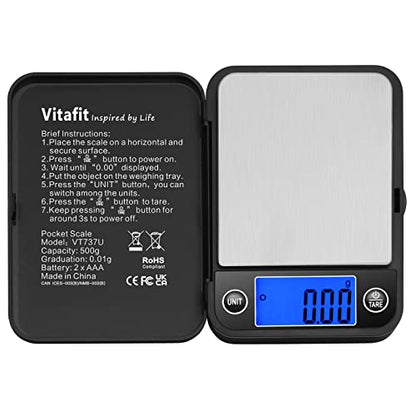 Vitafit 500g Digital Pocket Scale High Accuracy 0.01g, Gram Scale Blue LCD - size: 4.3 x 3.2in