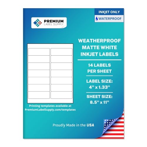 Premium Label Supply Waterproof White Address Sticker Labels – 4" x 1.33" – Inkjet Printers Only – (14 per Sheet), 10 Sheets - 140 Total Adhesive Labels - size: 140 Labels