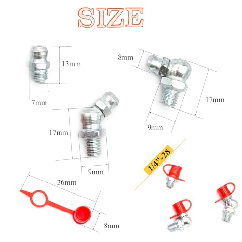 30Pcs 1/4"-28 Straight 45 90 Degree Grease Fitting Assortment Kit with Grease Zerk Fittings Caps, Galvanized Steel Hydraulic Grease Zerk for Industrial and Agricultural Machinery Cars Ships ets - size: 1/4"-28-30 Pcs