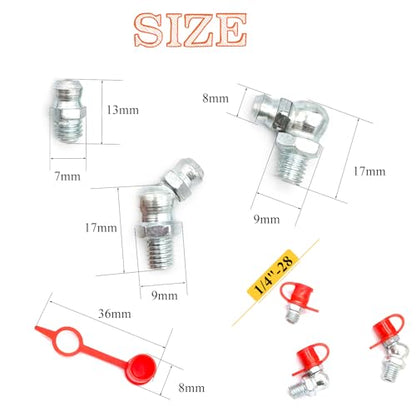 30Pcs 1/4"-28 Straight 45 90 Degree Grease Fitting Assortment Kit with Grease Zerk Fittings Caps, Galvanized Steel Hydraulic Grease Zerk for Industrial and Agricultural Machinery Cars Ships ets - size: 1/4"-28-30 Pcs