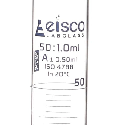 Graduated Cylinder, 50ml - Class A Tolerance ±0.50ml - Hexagonal Base - Blue Graduations - Borosilicate 3.3 Glass - Eisco Labs - size: 50mL