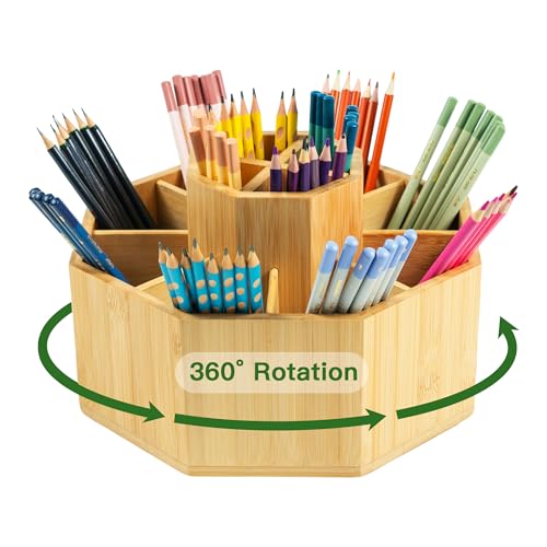 VaeFae 360 Rotating Bamboo Pen Holder for Desk, Art Supply Storage, Large - size: Large