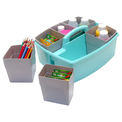 Storex Large Classroom Caddy with Cups, 13 x 11 x 6.575 Inches, Teal, Case of 2 (00984U02C) - color: Teal, size: 2-Pack, style: Large with Cups