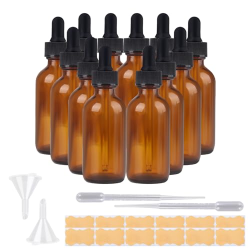 2oz Amber Glass Dropper Bottles, 12-pack of 60-ml Amber Boston Bottles with Droppers and Black Caps; Suitable for Essential Oils, Tinctures, and Perfumes; Leak-Proof Travel-Sized Liquid Bottle - color: Amber, size: 2 Ounces