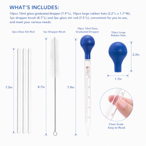 WUWEOT 10 PCS Thick Glass Droppers Pipettes, 10ml Graduated Lab Dropper Liquid Pipettes with 3 PCS Glass Stir Rod, 1PC Washing Brushes, Strong Suction Rubber Cap for Liquid Essential Oil