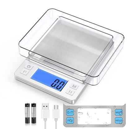 BOMATA Upgraded Small Food Scale with 0.1 g/0.001 oz High Precision - size: 0.1g/3kg Silver (Rechargeable)