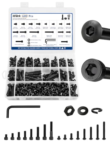 600PCS M6 Screws Assortment Kit, 12.9 & 10.9 Grade Alloy Steel Socket Head Cap & Button Head Screws with Hex Nuts, Flat & Spring Lock Washers, Metric Bolt Set S4 & S5 Hex Key Included, Black Oxide - size: M6 600pcs