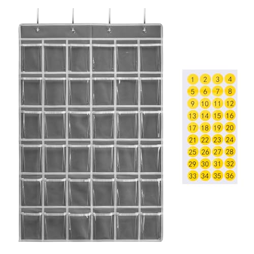 SAVERHO 36 Clear Pockets Classroom Pocket Chart for Cell Phones and Calculator Holder, Pocket Chart for Classroom Phone Holder with Number Stickers and Hooks (Grey) - color: Grey-1pack of 36pockets