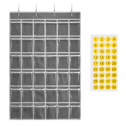 SAVERHO 36 Clear Pockets Classroom Pocket Chart for Cell Phones and Calculator Holder, Pocket Chart for Classroom Phone Holder with Number Stickers and Hooks (Grey) - color: Grey-1pack of 36pockets