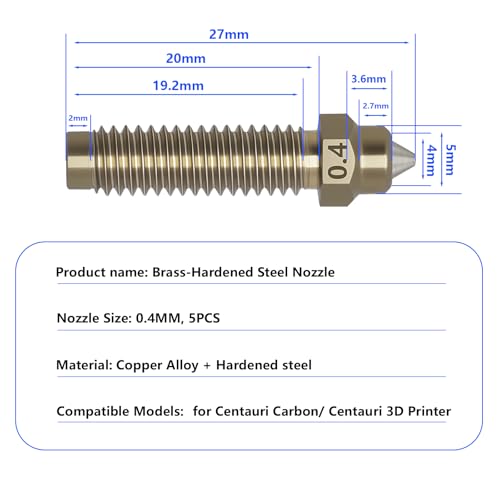 5PCS Original Brass-Hardened Steel Nozzle for Elegoo Centauri Carbon, 0.4MM Bimetal Brass Nozzle High Temperature Wear Resistant Hotend Nozzles for Centauri 3D Printer - style: Brass 0.4MM Nozzle