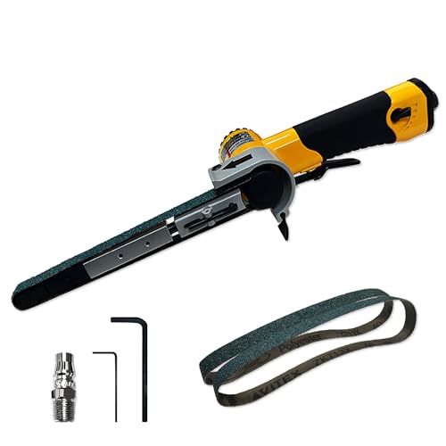 1/2" x 18" Pneumatic Belt Sander, Mini Air Angle Grinder for Metal/Wood Sanding & Polishing, 180° Rotatable Handheld Tool with 3 Abrasive Belts (36/40/60 Grit) — High-Vis Yellow