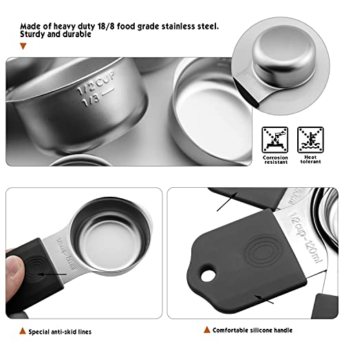 Magnetic Measuring Cups Set, 7 Pieces 18/8 Stainless Steel Stackable Nesting Heavy Duty Metal Measure Cups, Silicone Handle kitchen Tools for Dry and Liquid Ingredients, Dishwasher Safe (Black） - color: Black-7