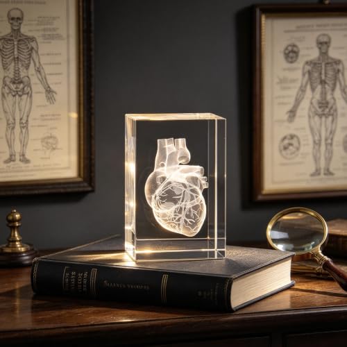 3D Human Heart Anatomical Model Paperweight(Laser Etched) in Crystal Glass Cube Science Anatomy Gift (No Included LED Base)(3.1x2x2 inch)