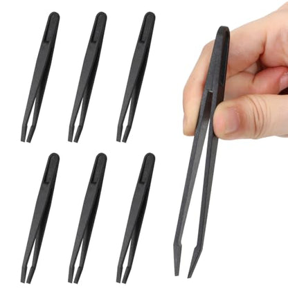 6 PCS Plastic Tweezers for Crafts, 4.7 Inch Slant Flat Tip Anti-Static Tweezers High Precision Industrial Tweezer for Making Repairing Crafts Electronic Tool, Black