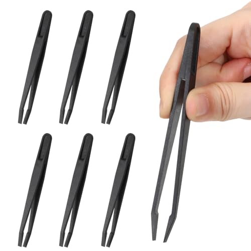 6 PCS Plastic Tweezers for Crafts, 4.7 Inch Slant Flat Tip Anti-Static Tweezers High Precision Industrial Tweezer for Making Repairing Crafts Electronic Tool, Black