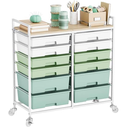 TOOLF 12 Drawers Rolling Storage Cart with Wooden Top for Classroom,Green - color: Green