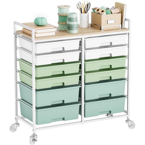 TOOLF 12 Drawers Rolling Storage Cart with Wooden Top for Classroom,Green - color: Green
