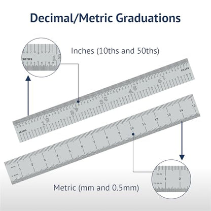PEC Tools Made in USA 6"/150mm Rigid D/M Metal Ruler, 10ths 50ths 1mm 0.5mm - color: Rigid, size: 6"