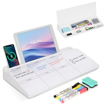 Desktop Glass Whiteboard with Storage, Weekly Calendar Desk White Board - color: Organizer-white Weekly Planner