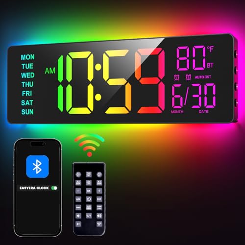 EASYERA 16.5" Large Digital Wall Clock with BT Sync, 11 RGB Lights - size: 15.98 inches