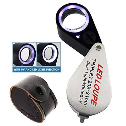 20x Foldable Pocket Magnifier Jewelers Loupe with UV and LED Light for Jewelry, Rocks, Coins, and Antiques - Illuminated Magnifying Tool for Eye, Stamps, Watches, Hobbies, and Gems - color: 20x Magnification