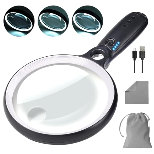 Large Magnifying Glass with 37 LED Light, 10X 20X 45X Handheld Illuminated - color: White & Black, size: Magnifier with Light (No Case)