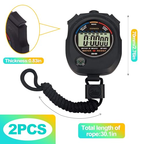2 Pack Digital Stopwatch Timer: Large Display, 1/100 Sec Accuracy, Time/Date/Alarm - Handheld Stop Watch for Sports, Coaches, Kids, Referees, Training, Cronometro Digital, Includes Lanyard
