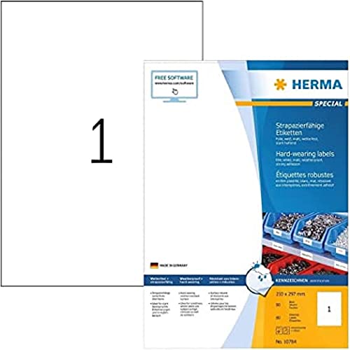 HERMA Self Adhesive Film Labels, 1 Label per A4 Sheet, 80 Sheets, 210 x 297 mm, 80 Labels, Blank Weatherproof Labels Stickers, Sticky Labels for Laser & Inkjet Printer, White - size: 210 x 297 mm, style: 80 sheets