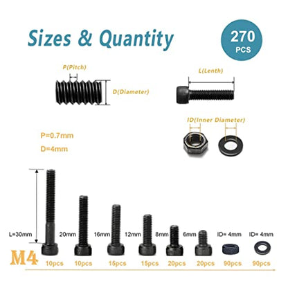 Kadrick Metric Screws Assortment,270 Pcs M4 Screw Kit,Hex Socket Head Cap Bolts, M4*6mm/8mm/12mm/16mm/20mm/30mm Screws Nuts and Washers, 12.9 Grade Alloy Steel,Black Zinc Plated,Anti Rust Upgrade - size: M4 270Pcs