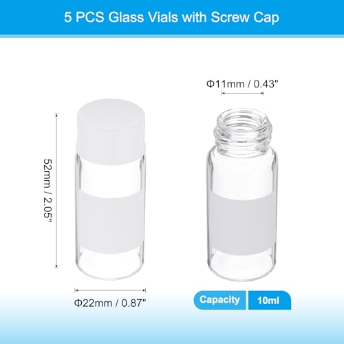 PATIKIL Small Glass Sample Bottles with Lids, 5 Pcs 10ml Clear Glass Vials with White Screw Caps Mini Leak Proof Reagent Sealed Bottles with Writing Label for Solid Liquid Powder Storage - color: White/Clear, size: 10ml
