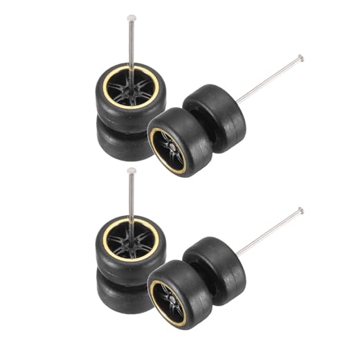 MECCANIXITY 4 Set 1/64 Wheels and Tires Set, Real Riders Rims Includes Axles for RC Diecast Car DIY Model, 6-Spoke Gold Line Black Rims