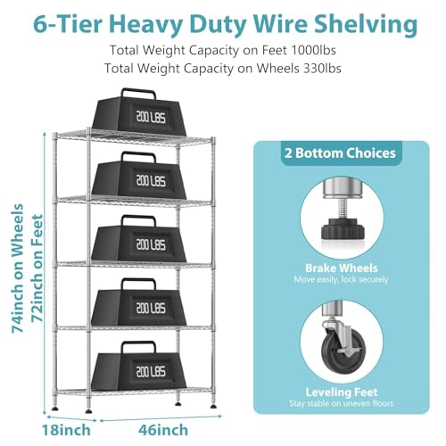 Homdox 5-Tier Wire Shelving Unit with Wheels, Adjustable Metal Storage Shelves, Rolling Storage Rack for Garage, Pantry, Kitchen, Laundry Room, 46 x 18 x 74 Inch, Silver - color: Silver, size: 18"Dx 46"Wx 74"H, 5 Tier