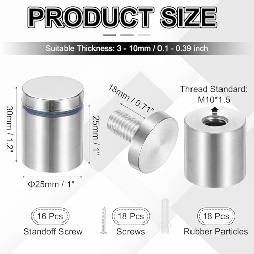 PATIKIL 1x1.2" Standoff Screws, 16 Pack Stainless Steel Stand Off Wall Mounts Wall Sign Mounting Hardware Advertising Standoff Nail for Hanging Acrylic Signs Picture Frame, Silver - size: 1x1.2"