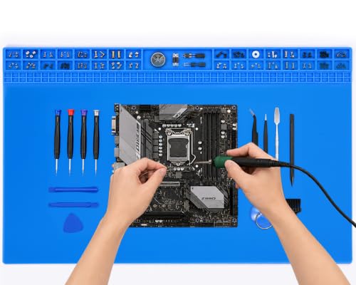 Extra Large Soldering Mat 932°F Heat Resistant Silicone Solder Mat 27.6''x15.7'' Non-Slip Large Repair Workbench Pad for Electronics Phone Watch Computer Laptop Repair BGA Soldering Iron (Blue) - color: Blue