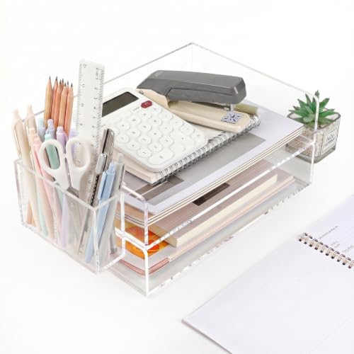 2 Pack Acrylic Paper Tray and Pen Holder Organizer for Desk Clear File Organizer,Acrylic Desk Organizers and Accessories Sorter,Perfect for File Paper, Ipad, Letter, A4 Office File, Books, Notes. - style: 2 Tier Trays+penholder