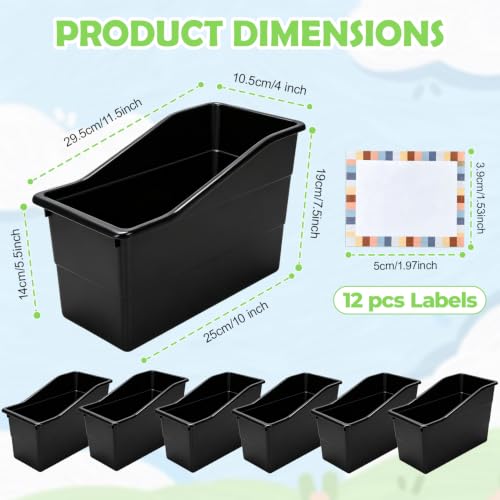 12 Pack Book Bins for Classroom Stackable Plastic Storage with Labels - color: Black