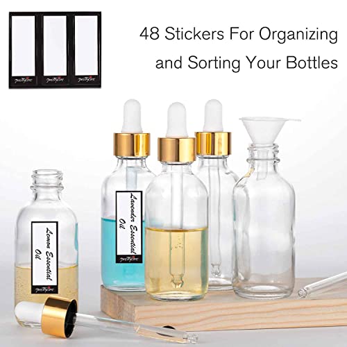 PrettyCare Glass Eye Dropper Bottle 2oz (60ml), 24 Pcs Clear Empty Thick Bottles Bulk with Leakproof Golden Caps - With Labels & Funnels for for Storage, Travel,Essential Oils, DIY Serums, Tincture - color: 2oz Clear, style: 24 Pack